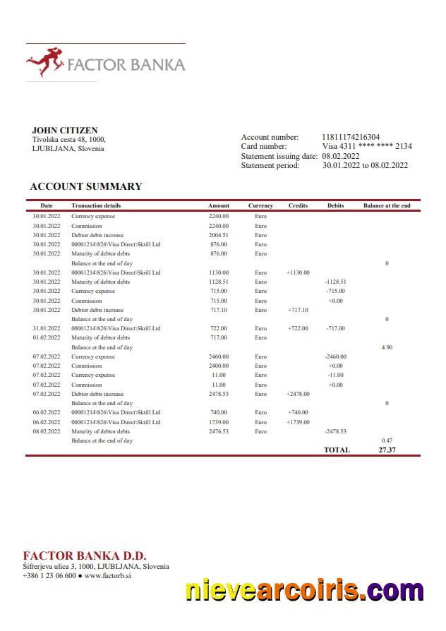 Slovenia Factor Banka bank statement